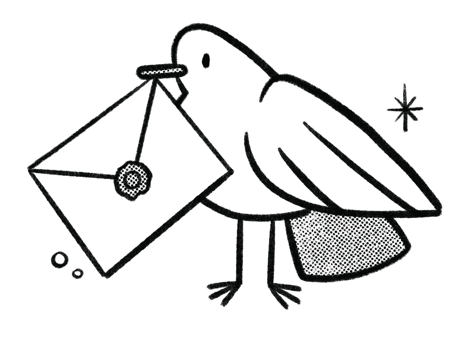 Line-drawn bird carrying a sealed envelope illustrating the Grow pillar
