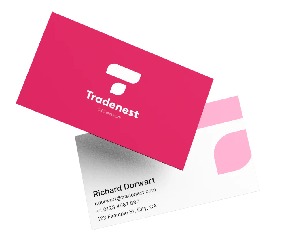 Tradenest business cards: a pink front and a white back with the contact details