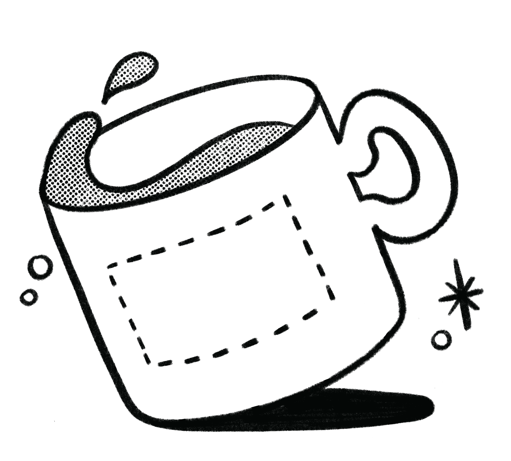 Line-drawn mug with a dashed placeholder panel for a logo illustrating the Manage pillar