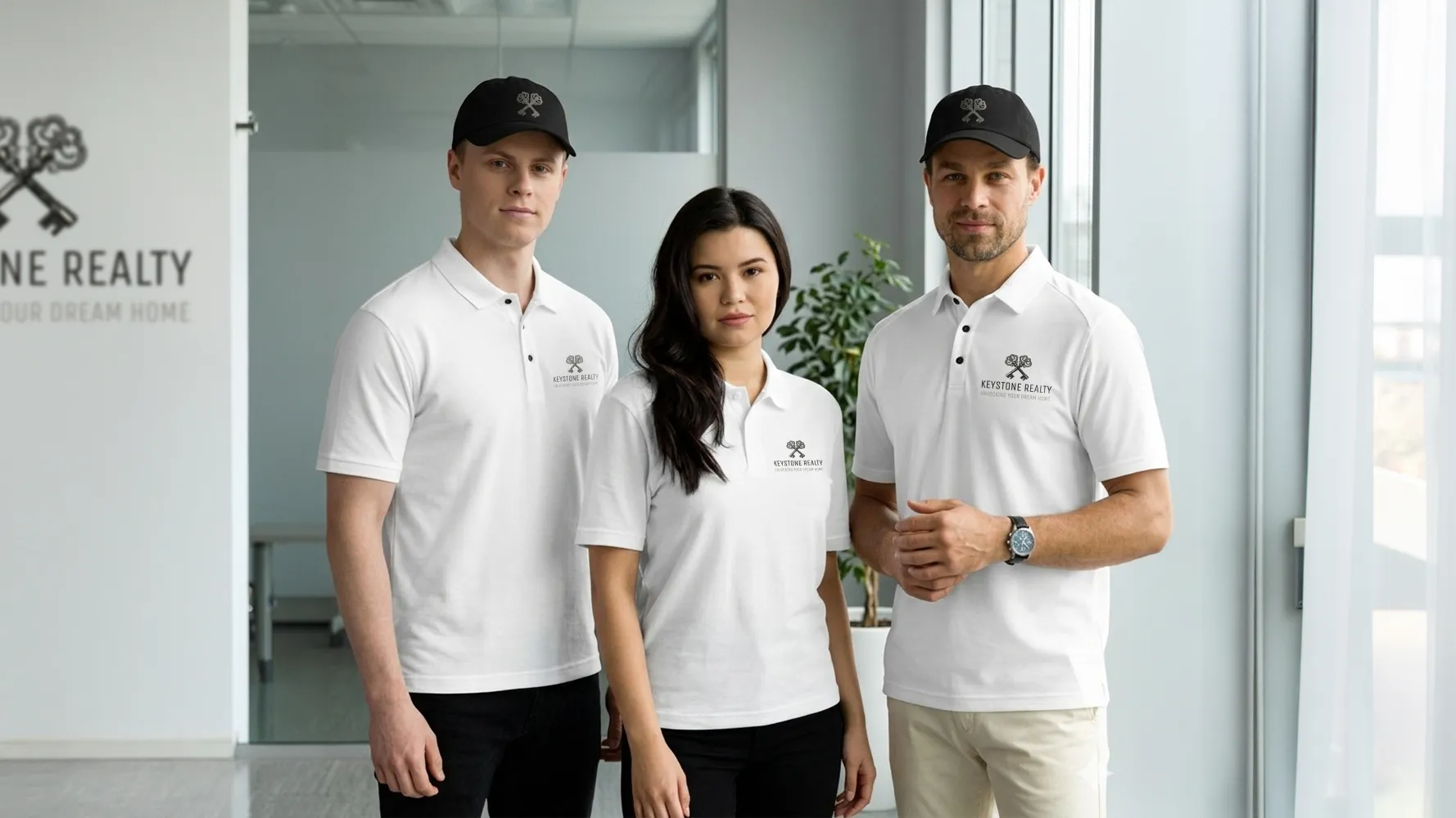 Team members wearing branded polos and caps