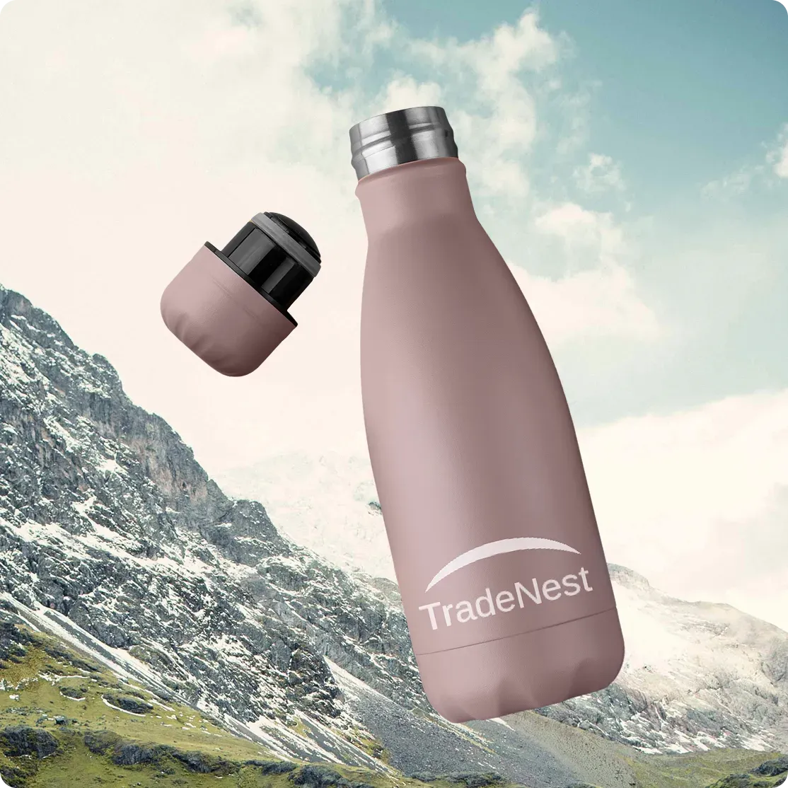 TradeNest logo on a reusable water bottle