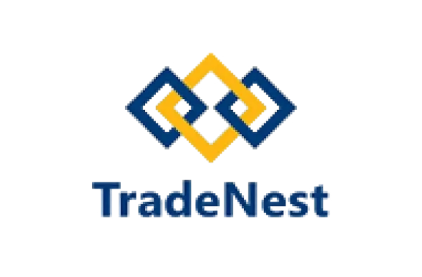 TradeNest logo design with interlocking navy and yellow diamonds